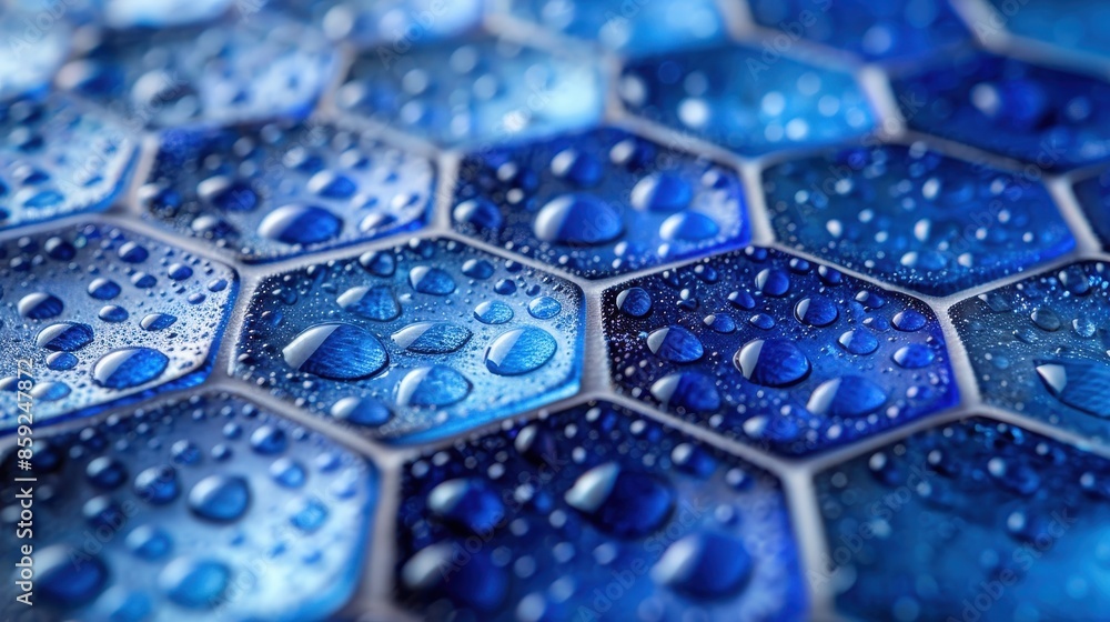 Poster abstract close-up of blue hexagonal tiles with shiny water droplets, providing a detailed view of ge