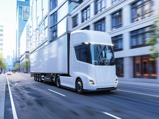 Obraz premium A modern electric truck driving through, symbolizing innovation and environmental responsibility in the commercial transport sector