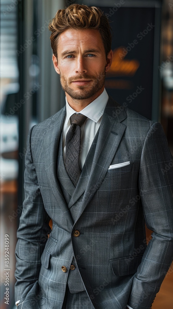Poster an honest and trustworthy man, standing with a confident posture, dressed in a sharp suit. his eyes 