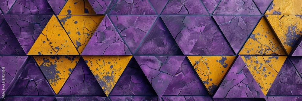 Poster an eyecatching mosaic featuring interlocking pentagons and triangles in a bold color scheme of purpl