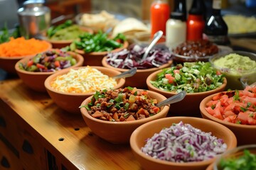 Obraz premium A variety of fresh toppings are displayed in bowls on a wooden table, perfect for building custom burritos.
