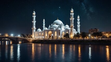 Fototapeta premium Muslim mosque with river in front, atmosphere of the mosque at night, Muslim place of worship, mosque, prayer, Ramadan, Muslims
