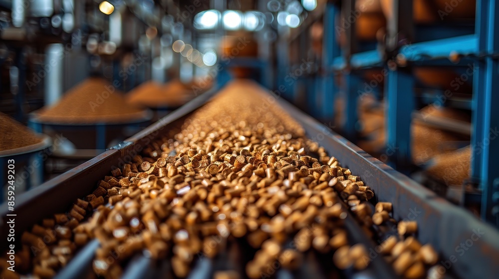Poster a bustling production line inside a factory with numerous brown pellets being transported on a conve
