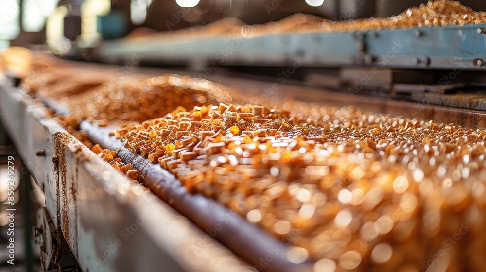 Poster a modern factory showing the conveyor system filled with golden-colored pellets heading towards proc