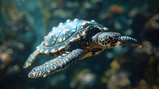 A sea turtle gracefully glides through the vibrant coral reefs