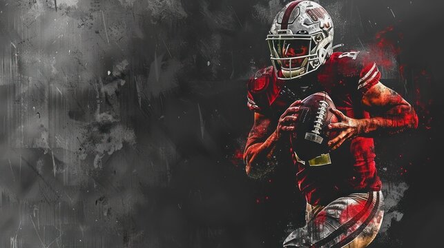 A football player in red uniform clutches the ball, ready for action