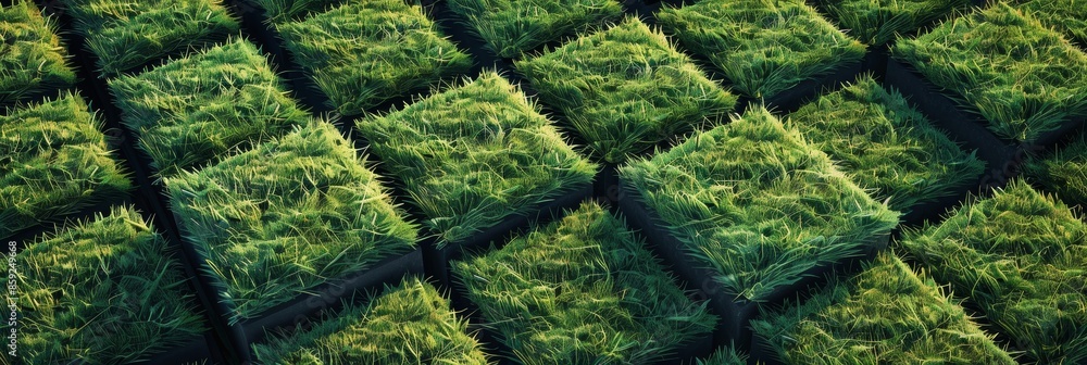 Poster rectangular patches of vibrant green grass intersecting with each other.