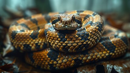 Fototapeta premium A close-up of a snakes face, coiled on the forest floor