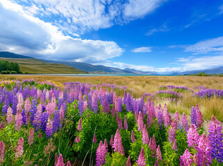 Naklejka premium Lavender Flowers Lake Background, Clear Sky