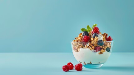 Delicious Granola with Yogurt and Fresh Berries on Blue Background. Healthy Eating Concept Highlighting Natural Ingredients and Lifestyle. Minimal Editing for Authenticity, Perfect for Diet 