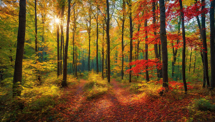 Autumn forest landscape, orange golden foliage, fall wallpaper