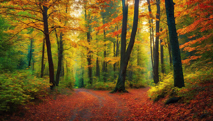 Fototapeta premium Autumn forest landscape, orange golden foliage, fall wallpaper