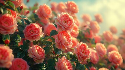 Obraz premium A vibrant close-up of peach roses blooming in the summer sun