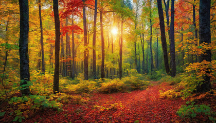 Fototapeta premium Autumn forest landscape, orange golden foliage, fall wallpaper