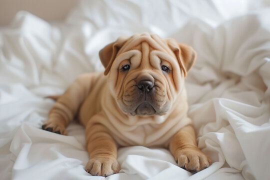 a dog laying on a bed with a white sheet