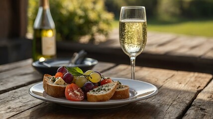 Plate of fresh grapes, tomatoes, bread with glass of prosecco on wooden table outside. National Prosecco Day