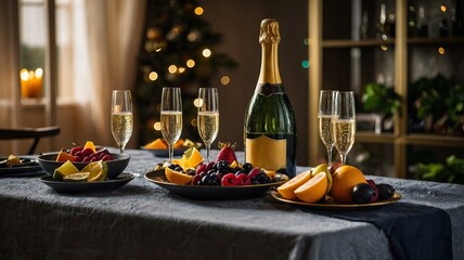 Table set with plates of fruit and champagne glasses, ready for festive celebration. National Prosecco Day