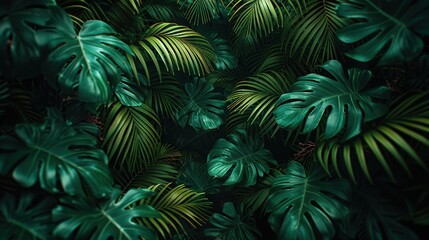 A close-up view of vibrant green tropical leaves