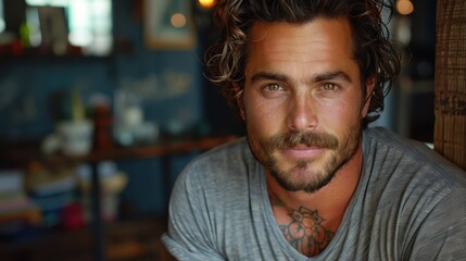 Obraz premium A detailed close-up portrait of a man with curly hair and visible tattoos, wearing a casual gray shirt, captured in a warmly lit indoor setting.