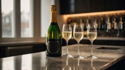 National Prosecco Day. Sleek bottle of prosecco beside three elegant wine glasses with sparkling beverage, resting on marble countertop