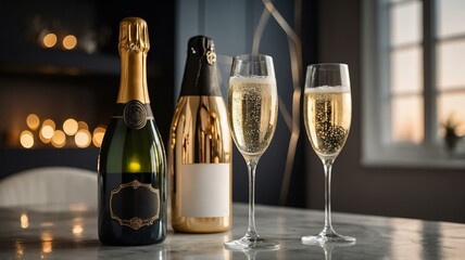 Two elegant champagne glasses filled with sparkling Prosecco beside bottle of bubbly on marble table, window view in background. National Prosecco Day