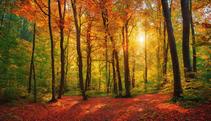 Fototapeta premium Autumn forest landscape, orange golden foliage, fall wallpaper