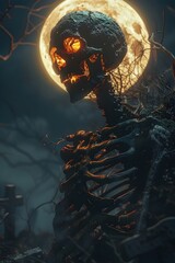 Towering Skeletal Presence Emerges from Shadows, Glowing Amber Eye Sockets and Grinning Skull under Full Moonglow in Desolate Graveyard