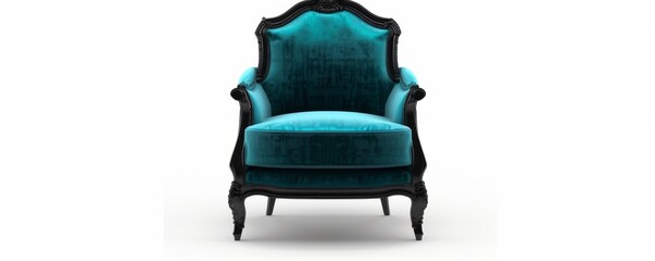 Fototapeta premium Elegant vintage armchair with turquoise upholstery, front view. Luxurious interior design concept