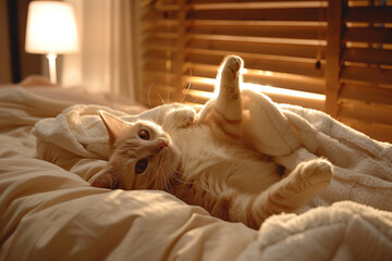 Obraz premium a cat laying on its back on a bed