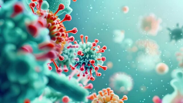 Microscopic view of viruses, highlighting their complex structures and vibrant colors in a scientific and captivating manner.