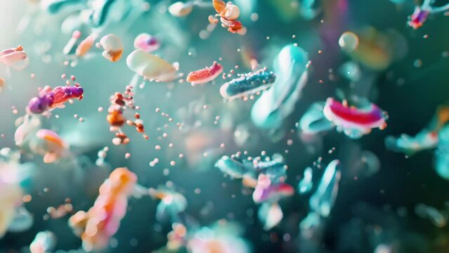 Colorful microscopic bacteria floating in a blue liquid environment, showcasing intricate details and vibrant colors under magnification.