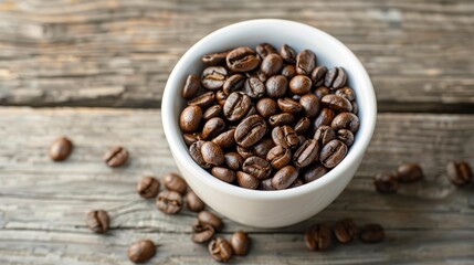Fototapeta premium Roasted coffee beans in white cup on wooden background as a potential backdrop