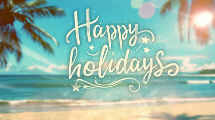 Happy summer holidays,  retro lettering on blurred background, text “Happy holidays” on beach ocean bg,  typography about summer time holidays, wallpaper card 