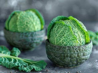 Fototapeta premium Two green cabbages sit in rustic bowls on a textured gray surface