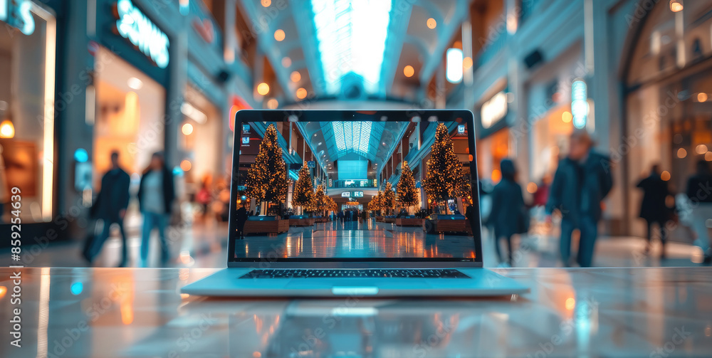 Poster laptop placed on a table in a shopping mall. generative ai.