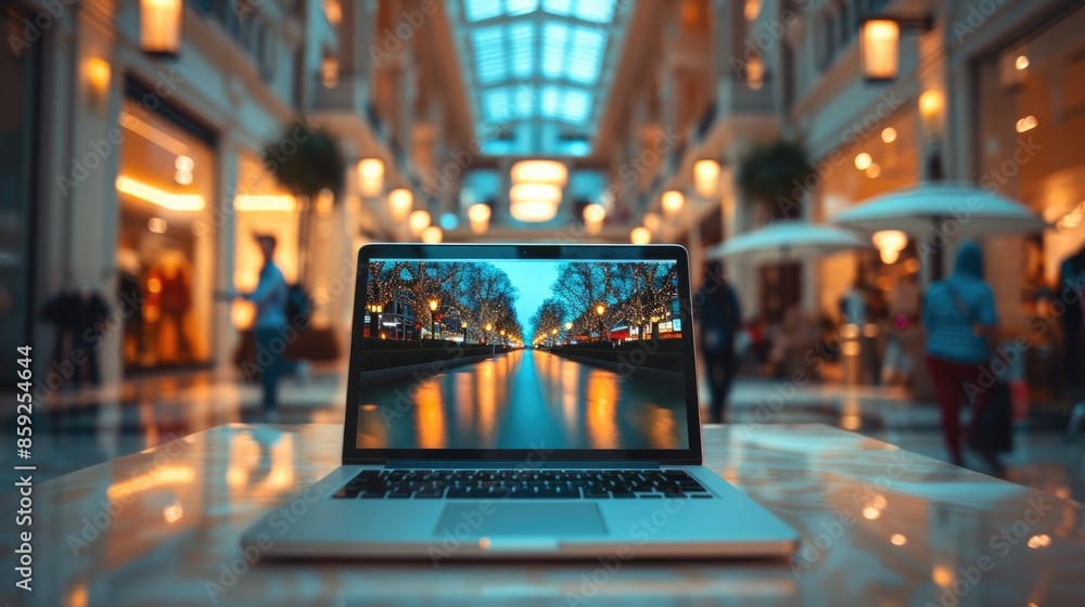 Aufkleber laptop placed on a table in a shopping mall. generative ai.