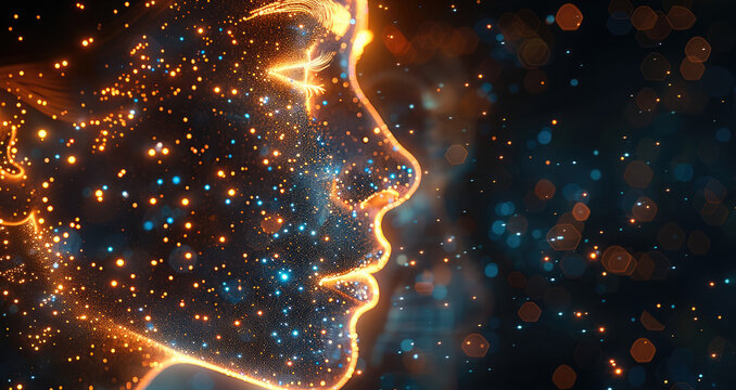 For skin care advertisement, digital luminous dots form an abstract human form, a feminine face represents the health and vitality of the skin, technological sense made of light particles.