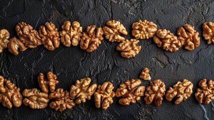 Obraz premium Inshell walnuts in a horizontal layout on black surface