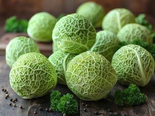 Fototapeta premium Close-up of green savoy cabbage heads on wooden table