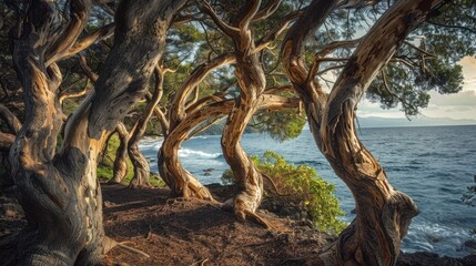 Curved Tree Trunks by the Ocean