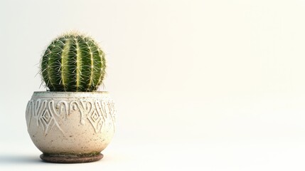 Small cactus in a decorative pot, isolated on a pristine white background, emphasizing its compact beauty.