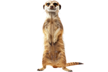 Close-up of a meerkat standing on its hind legs, isolated on a white background, showcasing its curious and alert nature.