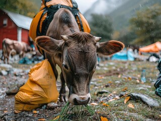 Cow grazing on grass in the rain