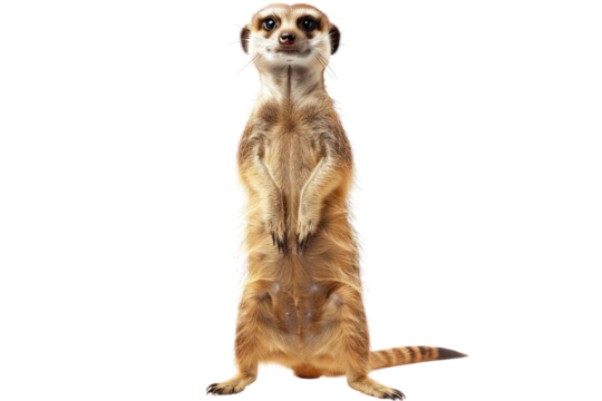 Close-up of a meerkat standing on its hind legs, isolated on a white background, showcasing its curious and alert nature.