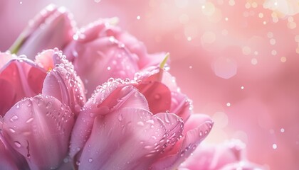 Fototapeta premium Pink Tulips Glistening with Dew on Soft Blush Background, Elegant and Delicate