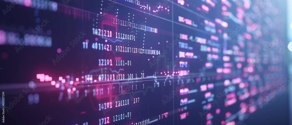 Poster close up of a digital screen displaying binary code with glowing pink and blue lights