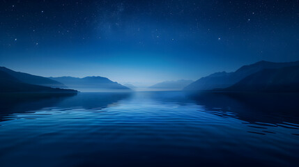 Serene Dark Blue Lake with Distant Mountains at Night background	
