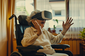 An elderly lady in a wheelchair is immersed in a joyful virtual reality experience