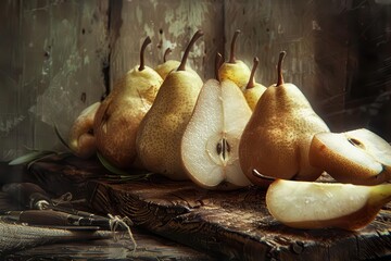 freshly sliced pears arranged on rustic wooden table still life composition digital painting