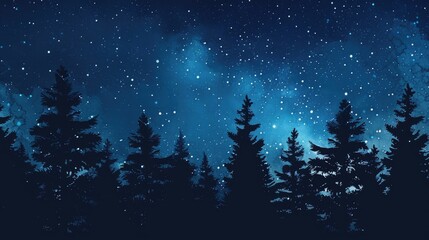 Fototapeta premium Silhouette of pine trees against a starry night sky, creating a magical ambiance for text incorporation.